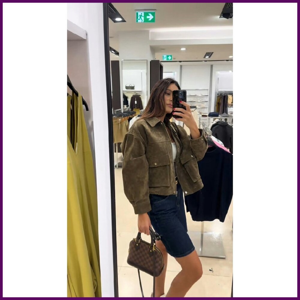 Faux Leather Cropped Bomber Jacket with Pockets Vintage Motorcycle Style - Picture 8 of 8